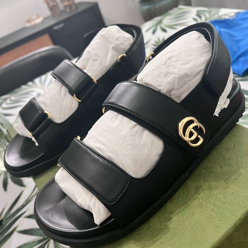 Black Sandals with Gold Logo